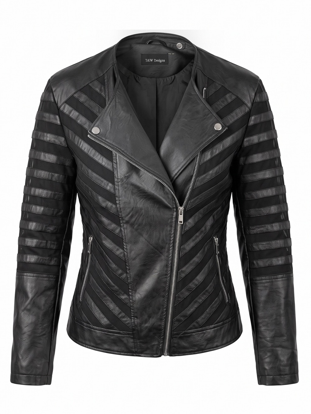 T&J Designs Women's Black Striped Leather Moto Jacket
